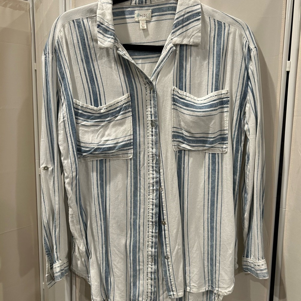 Blue and White Striped Button-Up Shirt -Super Soft!